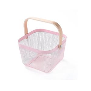 Elegant Pink Metal <b>Mesh</b> <b>Storage</b> <b>Basket</b> with Wooden Handle - Product Image 1