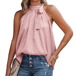 Wholesale Eco-Friendly Summer New Neck Bow Leopard Print <b>Satin</b> Sleeveless <b>Vest</b> <b>Top</b> with Front Logo Sweet Style - Product Image 2