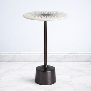 Designer Cast Aluminum Bar <b>Table</b> Marble Top Sunburst Inlay Sleek Pedestal Base Heavy Duty Stability Compact Luxury Accent Piece - Product Image 1