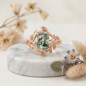 Anillo de Ágata Musgosa Esmeralda Natural con Aspecto de Oro Sólido, Joyería Nupcial con Detalle de Diamante HPHT, Novedad, Regalo - Product Image 3