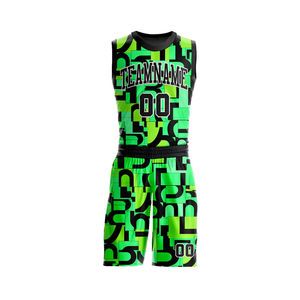 Ensemble d'uniformes de basketball personnalisés en sublimation intégrale, unisexe, respirant, séchage rapide, maillot d'entraînement d'équipe, short, col en V, sans manches, vert - Product Image 2