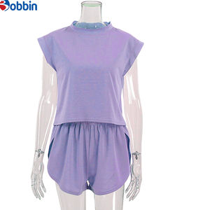 Ensemble de survêtement 2 pièces pour femme, style Hip Hop, avec logo personnalisé, pour l'été, manches courtes, 100% coton, séchage rapide, écologique, pour la gym et le fitness - Product Image 2