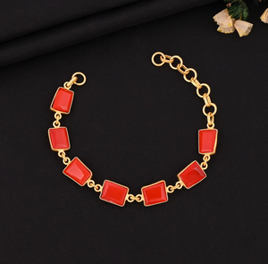 Approx. 8x10mm Rectangle Shape <b>Red</b> Coral Gemstone 925 Silver 14K Gold Plated Bezel Setting Chain <b>Bracelet</b> For Women Fashion Gift - Product Image 4