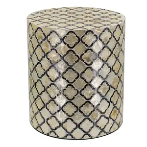 Quatrefoil Lattice Pattern Cylinder <b>Stools</b> Mother of Pearl Handcrafted Mosaic Small Side Table For Living Room <b>Bedroom</b> Decor - Product Image 1