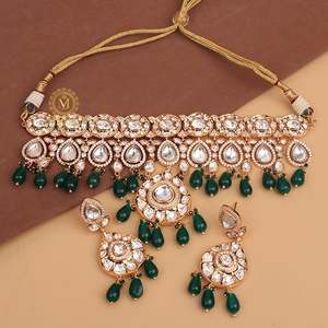 Krisha Green Polki Pearl Choker Set-Gold Plated Fine Bridal Jewelry - Product Image 2