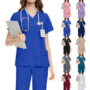 Unisex Light Blue V-Neck Cotton Polyester <b>Scrub</b> <b>Top</b> Short Sleeve Woven Hospital Uniform Needle Detection Stethoscope Clipboard - Product Image 1