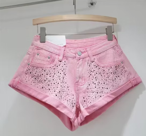 Shorts de Mezclilla con Lentejuelas de Cintura Alta para Mujer, Color Caramelo, Casuales, Transpirables, de Algodón Lavado - Product Image 4