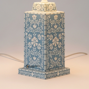 <b>Blue</b> Bone Inlay <b>Bedside</b> Lamp | Elegant Round Base <b>Table</b> Lamp with Neutral Shade - Product Image 5