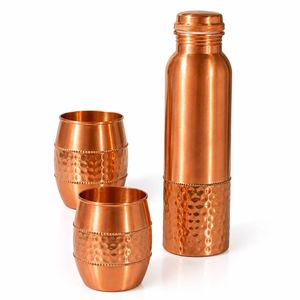 Bouteille d'eau en cuivre martelé double finition, classique, avec 2 verres réutilisables, pour voyage, maison, bureau, col arrondi, ensemble portable - Product Image 5