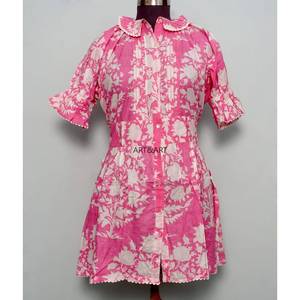 Túnica Moderna con Estampado Floral, 100% Algodón Lavable, Estilo Casual Femenino, Cuello Mandarín con Volantes, Manga Media, Mini - Product Image 1