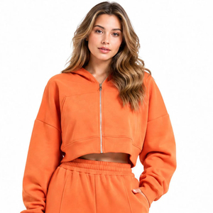 Conjunto de 2 piezas de sudadera corta con capucha y pantalones de chándal de pierna ancha para mujer, de forro polar, informal, de manga larga, color liso, ajuste holgado - Product Image 3