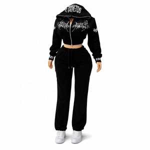 Women Black Rhinestone Tracksuit Streetwear Set <b>Full</b> <b>Zip</b> <b>Hoodie</b> Wide Leg Joggers Loose Fit Autumn Casual Sweatpants Outfit - Product Image 5
