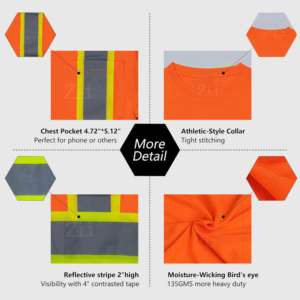 Camiseta de Alta Visibilidad ANSI Clase 1, Impermeable, de Poliéster, con Bolsillo, Secado Rápido, Franja Reflectante, LED Intermitente, Manga Larga - Product Image 6