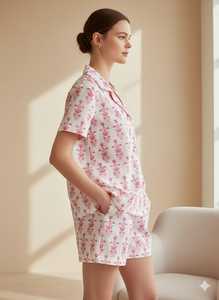 Conjunto de Pijama Elegante y Casual para Mujer, 2 Piezas, Manga Corta, Cuello Camisero, 100% Algodón, Transpirable y Suave - Product Image 2