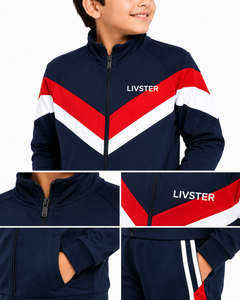 Ensemble de survêtement sportif pour enfants, hiver, à capuche, décontracté, bleu marine, rouge, blanc, blocs de couleurs, veste zippée intégrale, pantalon de survêtement respirant - Product Image 4