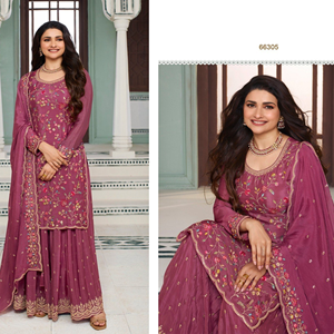 Proveedor de Ropa Étnica India de la mejor calidad Diseñador de moda Heavy Premium Silk Georgette Sequence Work Palazzo Suit - Product Image 4