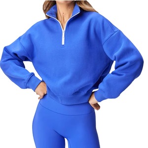 Women's ASPINO INTERNATIONAL Blue Quarter <b>Zip</b> <b>Hooded</b> Sweatshirt Full Sleeve Knitted 100% Cotton Breathable Anti-Shrink - Product Image 1