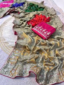 Premium Quality Moss Chiffon Silk with Bandhej Print & Foil <b>Gota</b> Patti work & RIch Pallu Saree-Mono Work Blouse Indian Supplier - Product Image 5