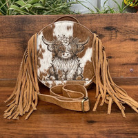 Sac à bandoulière rond en cuir de vachette à franges fait main pour femmes, style western, avec motif floral gravé au laser, sac à main en daim