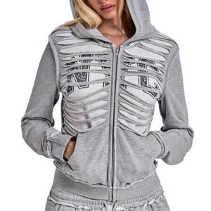 Custom Women Distressed Ripped Zip Up <b>Hoodie</b> Grey <b>Skeleton</b> Slash Graphic Print Vintage Y2K Streetwear Sweatshirt - Product Image 4