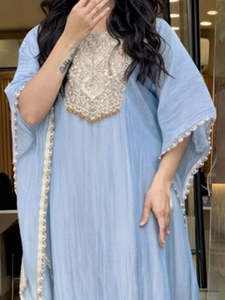 Embroidered Rayon Blue Kaftan Style Round Neck <b>Three</b> Quarter Flared Sleeves Thread Work Detail Loose Fit Women's Traditional Set - Product Image 3