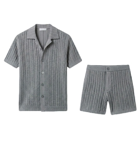 Ensemble chemise et short pour homme, manches courtes, uni, printemps, décontracté, été, coton, tricoté, respirant, haute qualité - Product Image 5