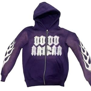 Alta calidad bordado desgastado peso pesado algodón Terry tela recortada Zip up hombres Sudadera con capucha desgastada transpirable al por mayor - Product Image 6