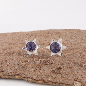 Hermosos pendientes de plata de ley 925 con gemas de lolita morada en forma de estrella, hechos a mano, para mujeres y niñas, ideales para usar en fiestas. - Product Image 1