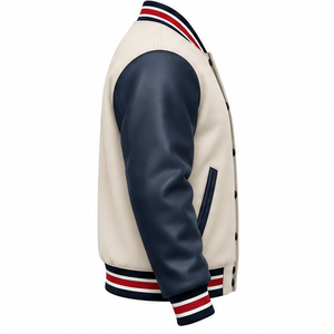 Blouson universitaire homme crème et bleu marine à la mode avec logo lettre rouge et blanc, fermeture boutonnée sur le devant, style preppy, OEM - Product Image 3