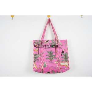 Sac fourre-tout de plage matelassé en coton rayé fait main à longues poignées pour femme, écologique, style bohème indien, pour le shopping, les expositions et les fêtes - Product Image 2