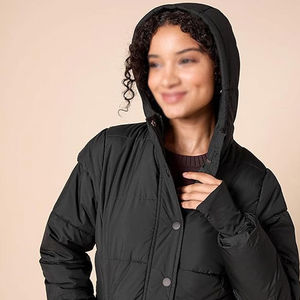 Chaqueta Acolchada Negra para Mujer con Capucha Desmontable, Manga Larga, Largo Regular, Ropa de Invierno, Color Sólido, Cierre de Botones - Product Image 4