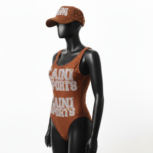 Maillot de bain une pièce marron uni en poly-spandex épais pour femme, orné de clous et avec logo imprimé personnalisé - Product Image 4