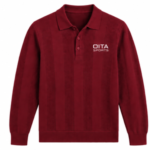 Burgundy <b>Mens</b> <b>Long</b> <b>Sleeve</b> Knitted <b>Polo</b> <b>Shirt</b> Textured Stripe Pattern Ribbed Collar Cuffs Smart Casual Pullover Fashion Top - Product Image 1