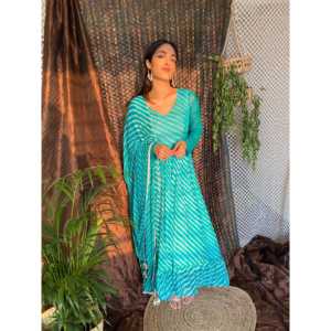 Robe Fusion en Chiffon Bleu Cadet Coupe A-Line XS Maxi Leheriya avec Taille Empire et Caractéristique Respirante - Product Image 3