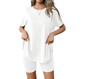 Best Quality Comfortable Women Summer Vacation Outfits Lace Ankle Button Crew Neck Top for Sets 100% Cotton Breathable 2 Piece - Product Image 3