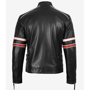 2026 Men's Black Cow Hide Leather <b>Jacket</b> With <b>Red</b> White Stripes Stand Collar Zipper Closure Slim Fit Regular Length Winter Wear - Product Image 2