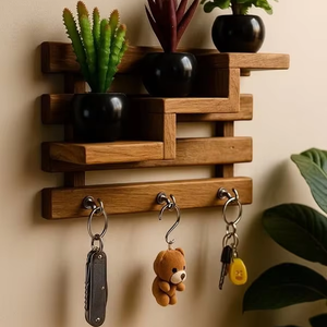 ที่แขวนกุญแจไม้พร้อมชั้นวางติดผนังไม้ไผ่ตกแต่งแบบเผา และที่แขวนกระเป๋าเสื้อโค้ทสำหรับงานปาร์ตี้ - Product Image 1