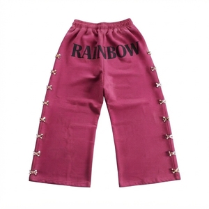 Pink <b>Rainbow</b> Print Sweatpants Elastic Waist Men Casual Cotton Pants With Rhinestone Decoration Spring Style - Product Image 1