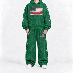 Chándal unisex verde con capucha, manga larga, estampado de bandera americana, ropa de calle, corte holgado, de algodón, para otoño - Product Image 1