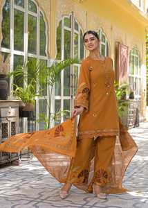 Ensemble Salwar Kameez en coton brodé couleur moutarde pour femme avec dupatta, manches 3/4, longueur genou, tenue de fête traditionnelle style pakistanais - Product Image 5