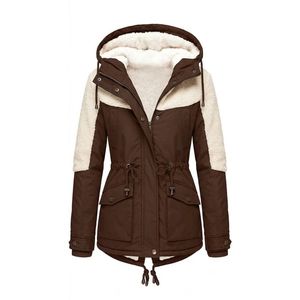 Top Quality Women Parka Jacket Brown Cream Colorblock <b>Sherpa</b> <b>Lined</b> Cinch Waist Detachable Hood Straight Arm Sleeves Coats - Product Image 2