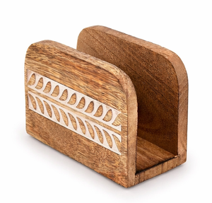 Handcrafted Mango Wood Napkin Holder With Elegant White Carving Inlay Upright Rustic Farmhouse <b>Tissue</b> Stand For Dining Tableware - Product Image 1