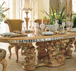 ชุดโต๊ะรับประทานอาหารรูปวงรีไม้สักแท้สีทองหรูหรา ดีไซน์ยุโรปคลาสสิก ทนทาน เป็นมิตรกับสิ่งแวดล้อม เหมาะสำหรับโรงแรม - Product Image 2