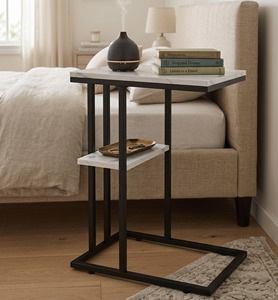 White Marble Black Metal Frame Modern C Shaped Side Table 2 Tier End Table Narrow Coffee Laptop <b>Desk</b> Sofa Bedside <b>Shelf</b> - Product Image 1