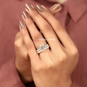 Luxury <b>Emerald</b> Cut Moissanite Three Stone Engagement <b>Ring</b> Matching Wedding Band Set Sterling <b>Silver</b> Rhodium Plated Bridal - Product Image 4