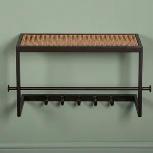 Étagère murale en métal avec assise tressée et crochets pour manteaux, design minimaliste pour salle de bain, organisateur multifonctionnel - Product Image 5