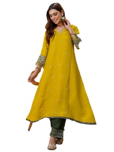 Salwar Kameez en Mélange de Soie Jaune RN avec Dupatta Vert – Tenue Traditionnelle Indienne et Pakistanaise pour Femme, Coupe Droite, Longueur Genou, Prête à Porter - Product Image 2