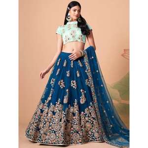 Espectacular Dove Blue Mirror Work Net Event Wear Lehenga Choli - Product Image 6