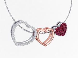 925 Sterling Silver <b>Double</b> Heart Pendant <b>Necklace</b> with Rhodium & Rose Gold Plating and Red Cubic Zirconia Stones - Product Image 3