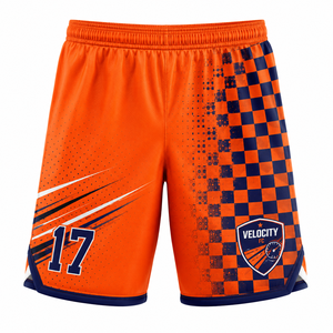 กางเกงขาสั้นกีฬาผู้ชาย Velocity FC สีส้มลายตารางหมากรุก ระบายเหงื่อได้ดี เอวยางยืด โพลีเอสเตอร์ 100% ชุดกีฬาฤดูร้อน - Product Image 1